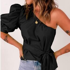 Black One Shoulder Tied Puff Sleeve Blouse Sz S